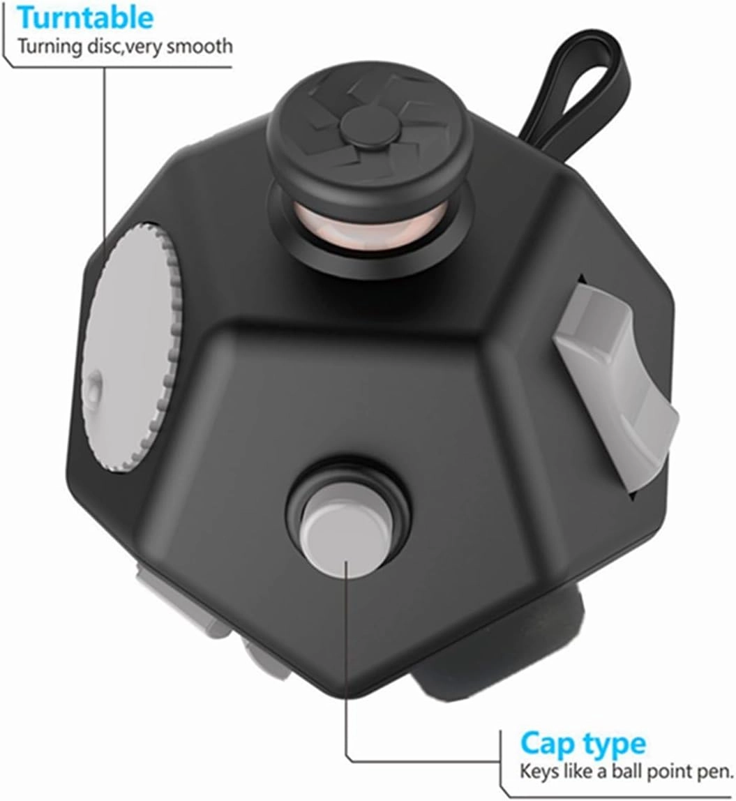 Small Fidget Toys Cube, Small Fidget Toy - 12 Sides Decompression Cube Anti Anxiety and Relief Stress Improve Focus Creative Unique Fidget Toy for Kids and Adults, with Carry Case(Black E1)