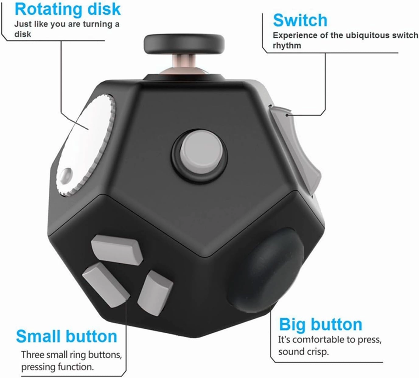 Small Fidget Toys Cube, Small Fidget Toy - 12 Sides Decompression Cube Anti Anxiety and Relief Stress Improve Focus Creative Unique Fidget Toy for Kids and Adults, with Carry Case(Black E1)