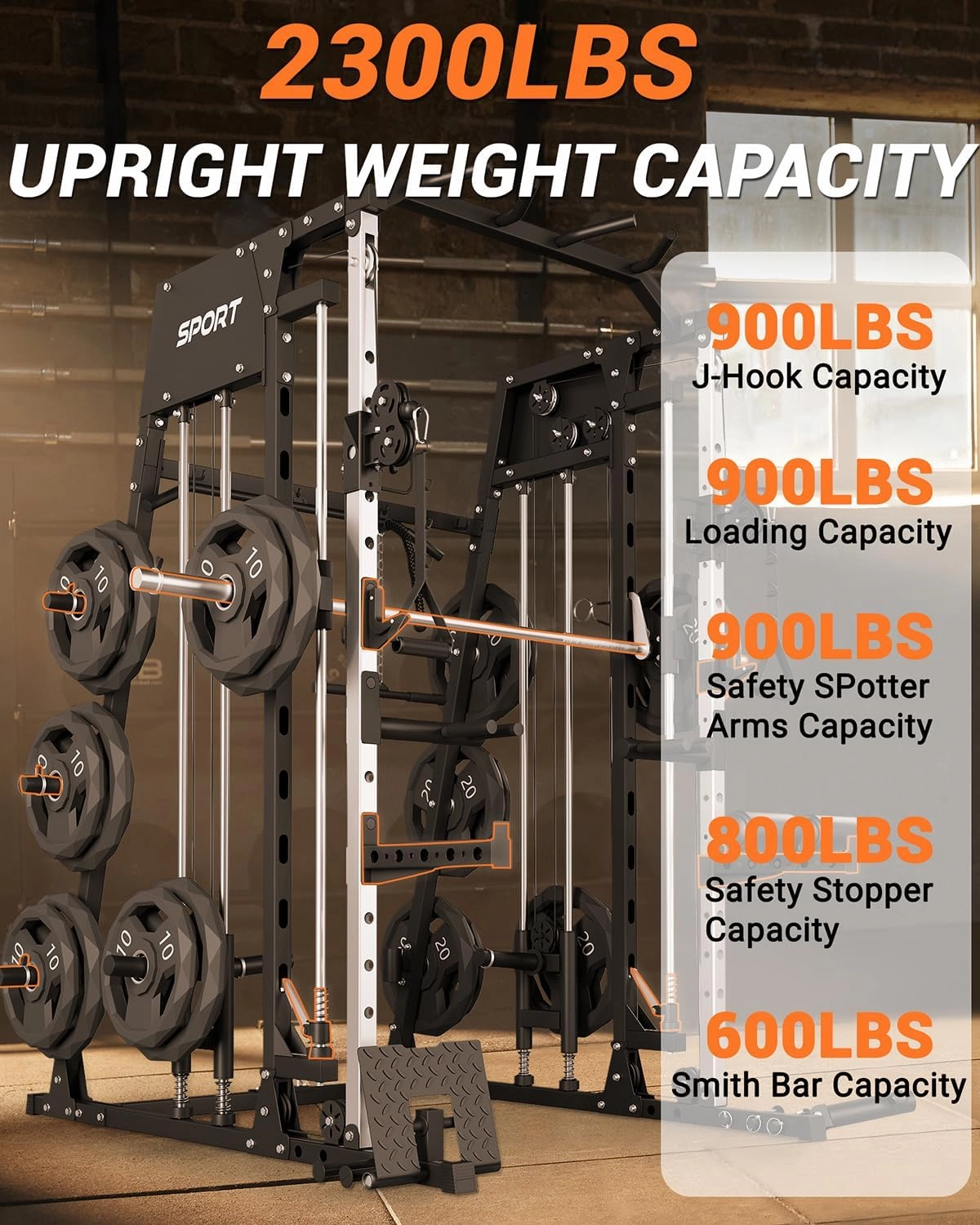 Smith Machine, 2200lbs Squat Rack with Duable Cable & LAT-Pull Down System, Multi-Function Squat Rack Power Cage for Home Gym, Training Equipment with Leg Hold-Down Attachment