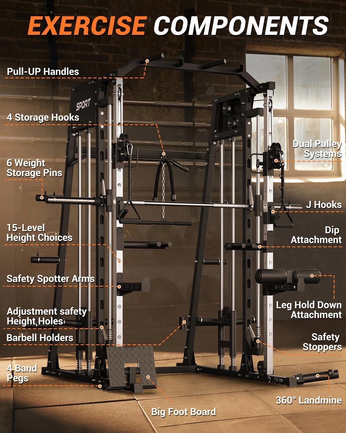 Smith Machine, 2200lbs Squat Rack with Duable Cable & LAT-Pull Down System, Multi-Function Squat Rack Power Cage for Home Gym, Training Equipment with Leg Hold-Down Attachment