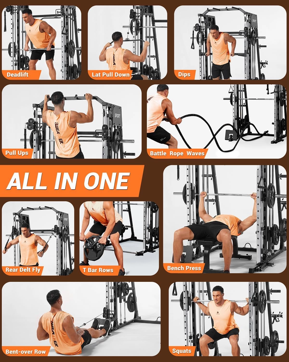 Smith Machine, 2200lbs Squat Rack with Duable Cable & LAT-Pull Down System, Multi-Function Squat Rack Power Cage for Home Gym, Training Equipment with Leg Hold-Down Attachment