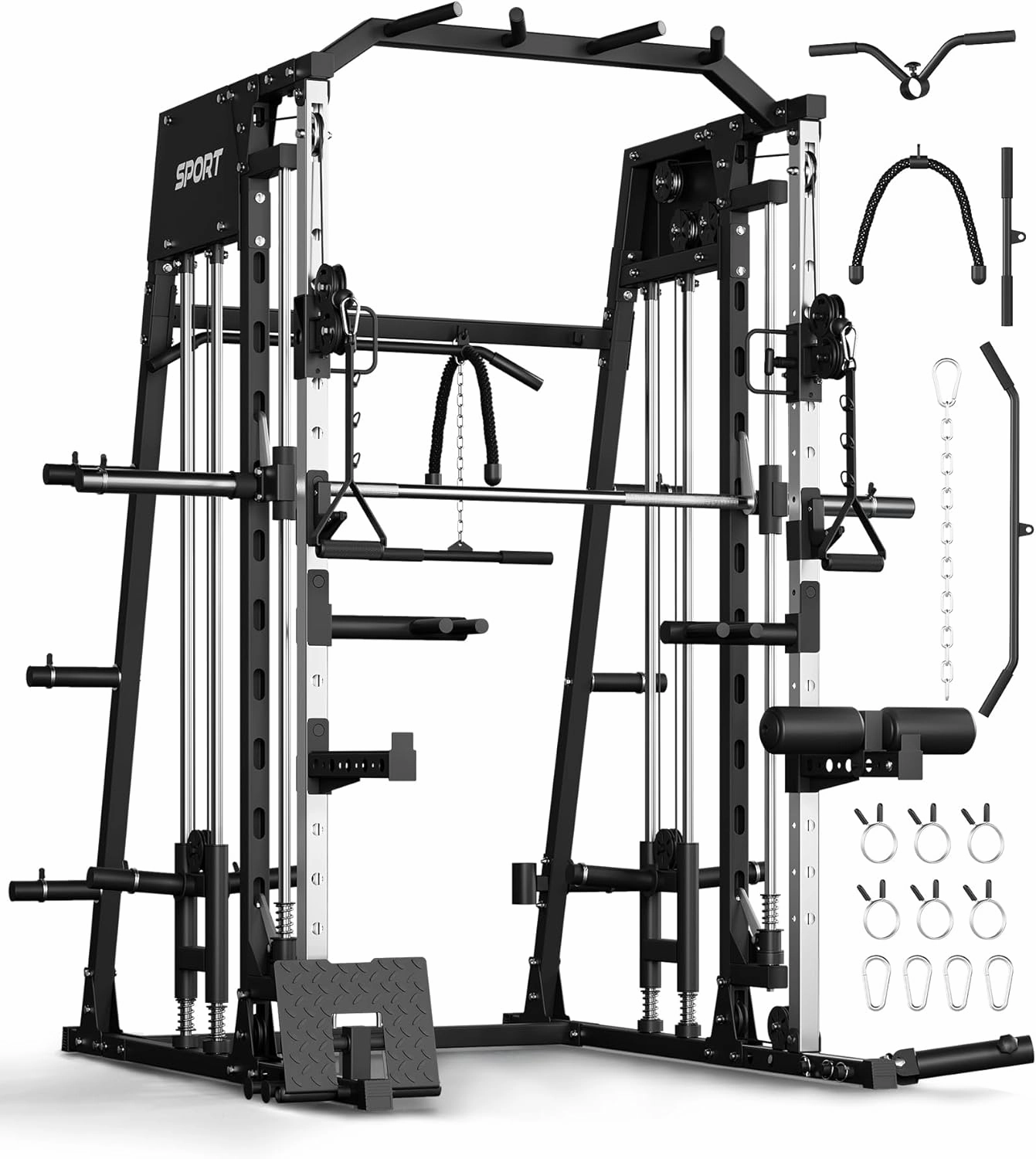Smith Machine, 2200lbs Squat Rack with Duable Cable & LAT-Pull Down System, Multi-Function Squat Rack Power Cage for Home Gym, Training Equipment with Leg Hold-Down Attachment