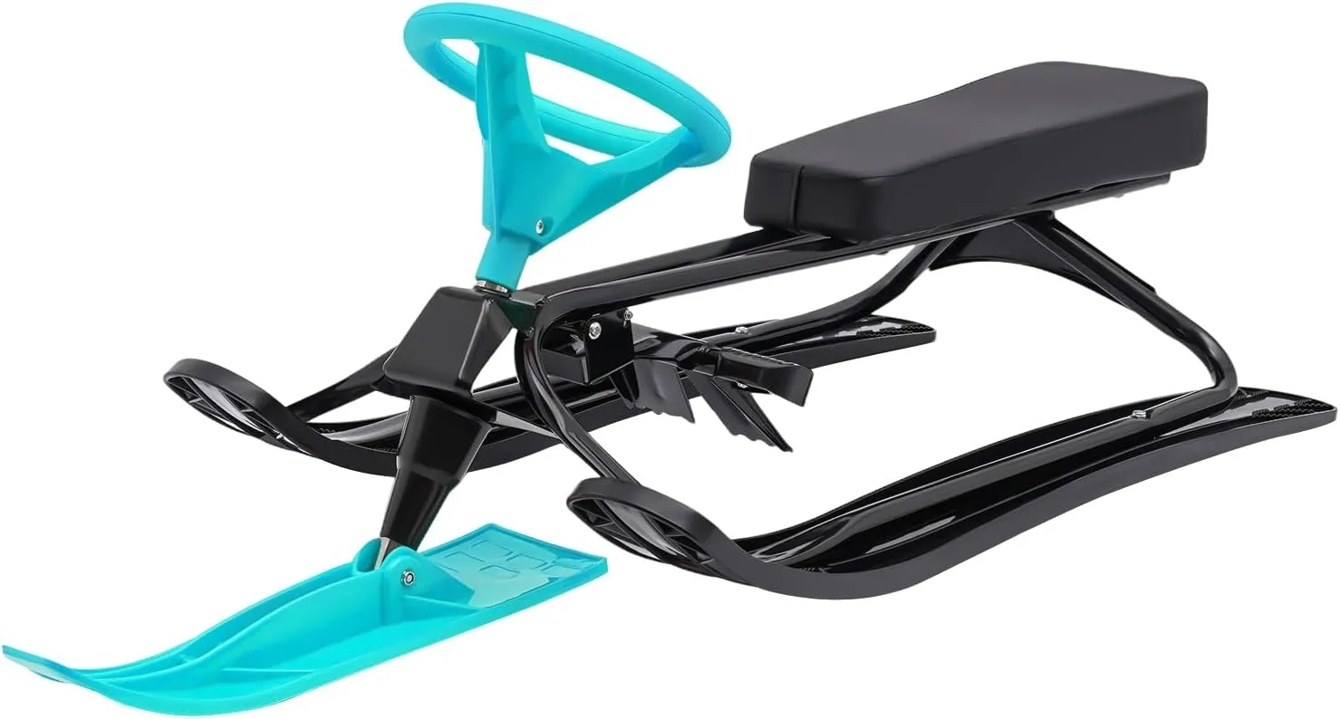 Snow Racer Sled, 220Lbs Capacity Ski Sled Slider Board Kids Teens Winter Sport Sled Metal Snow Sand Grass Slider w/Steering Wheel & Double Brakes for Skiing Ice Skating Sand Skating