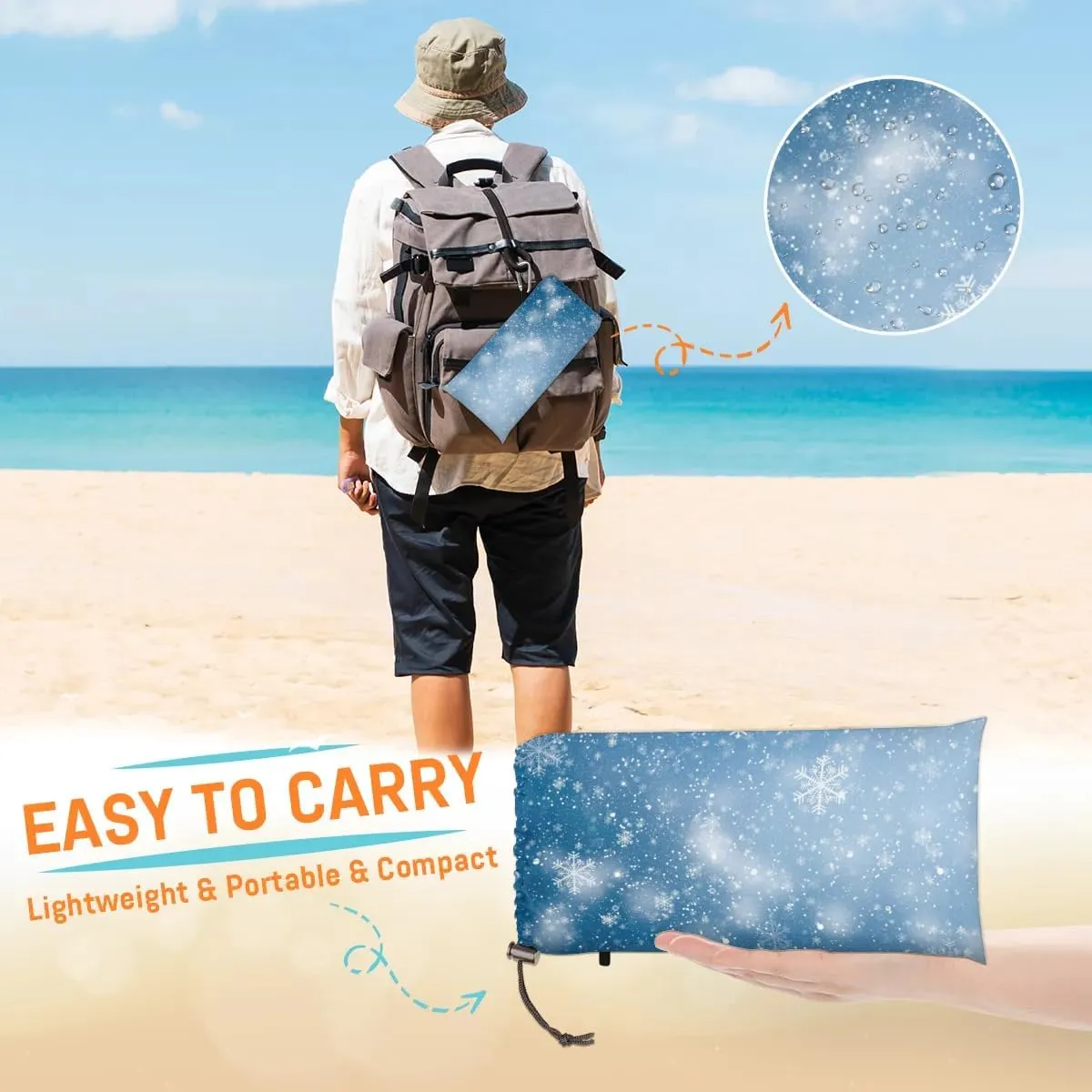 Snowflakes Winter Beach Blanket, Sandproof Beach Mat, 68 x 59 Waterproof Quick Drying Sand Free Mat with 4 x Ground Spikes for Outdoor Travel Camping Hiking, White Snowflakes