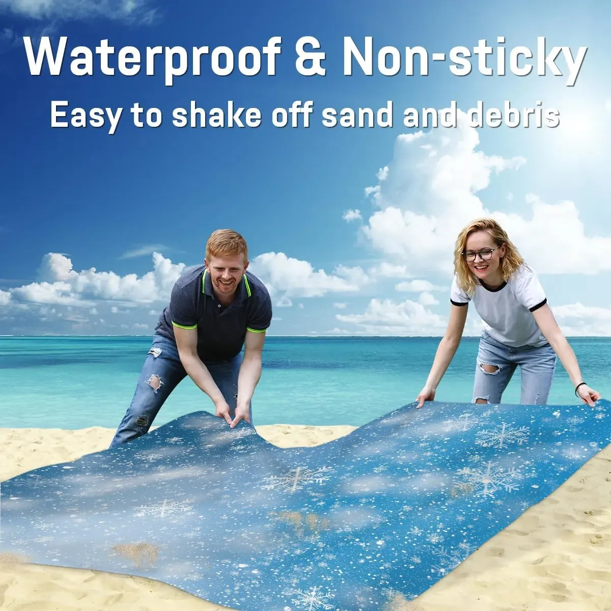 Snowflakes Winter Beach Blanket, Sandproof Beach Mat, 68 x 59 Waterproof Quick Drying Sand Free Mat with 4 x Ground Spikes for Outdoor Travel Camping Hiking, White Snowflakes