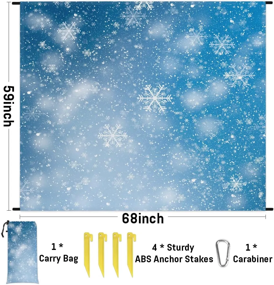 Snowflakes Winter Beach Blanket, Sandproof Beach Mat, 68 x 59 Waterproof Quick Drying Sand Free Mat with 4 x Ground Spikes for Outdoor Travel Camping Hiking, White Snowflakes