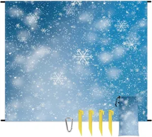 Snowflakes Winter Beach Blanket, Sandproof Beach Mat, 68 x 59 Waterproof Quick Drying Sand Free Mat with 4 x Ground Spikes for Outdoor Travel Camping Hiking, White Snowflakes
