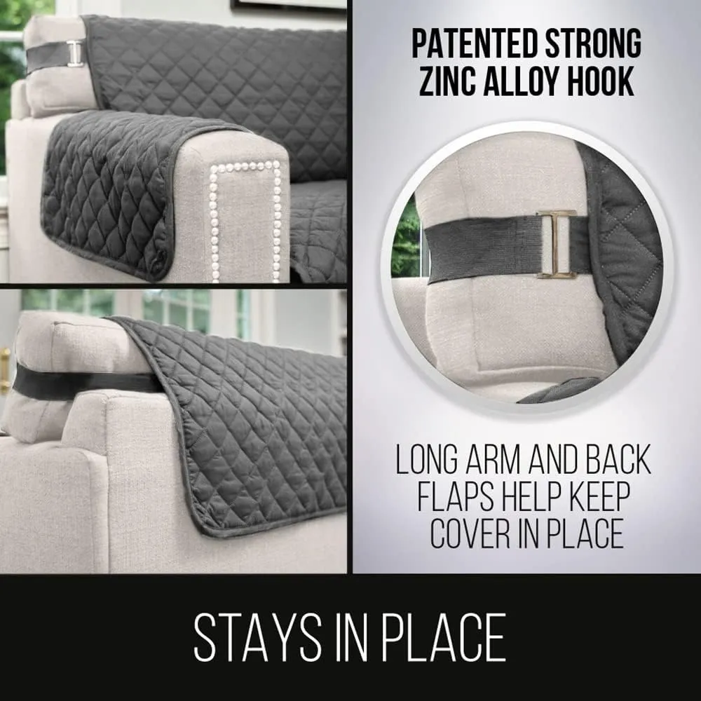 Sofa Shield Couch Slip Cover with Patented Strap, Large Cushion Protector, Reversible Stain and Dog Tear Resistant Slipcover, Quilted Microfiber 88in Seat, Washable Covers for Dogs Pets Kids, Charcoal
