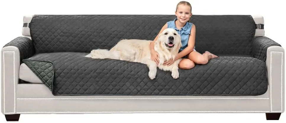 Sofa Shield Couch Slip Cover with Patented Strap, Large Cushion Protector, Reversible Stain and Dog Tear Resistant Slipcover, Quilted Microfiber 88in Seat, Washable Covers for Dogs Pets Kids, Charcoal