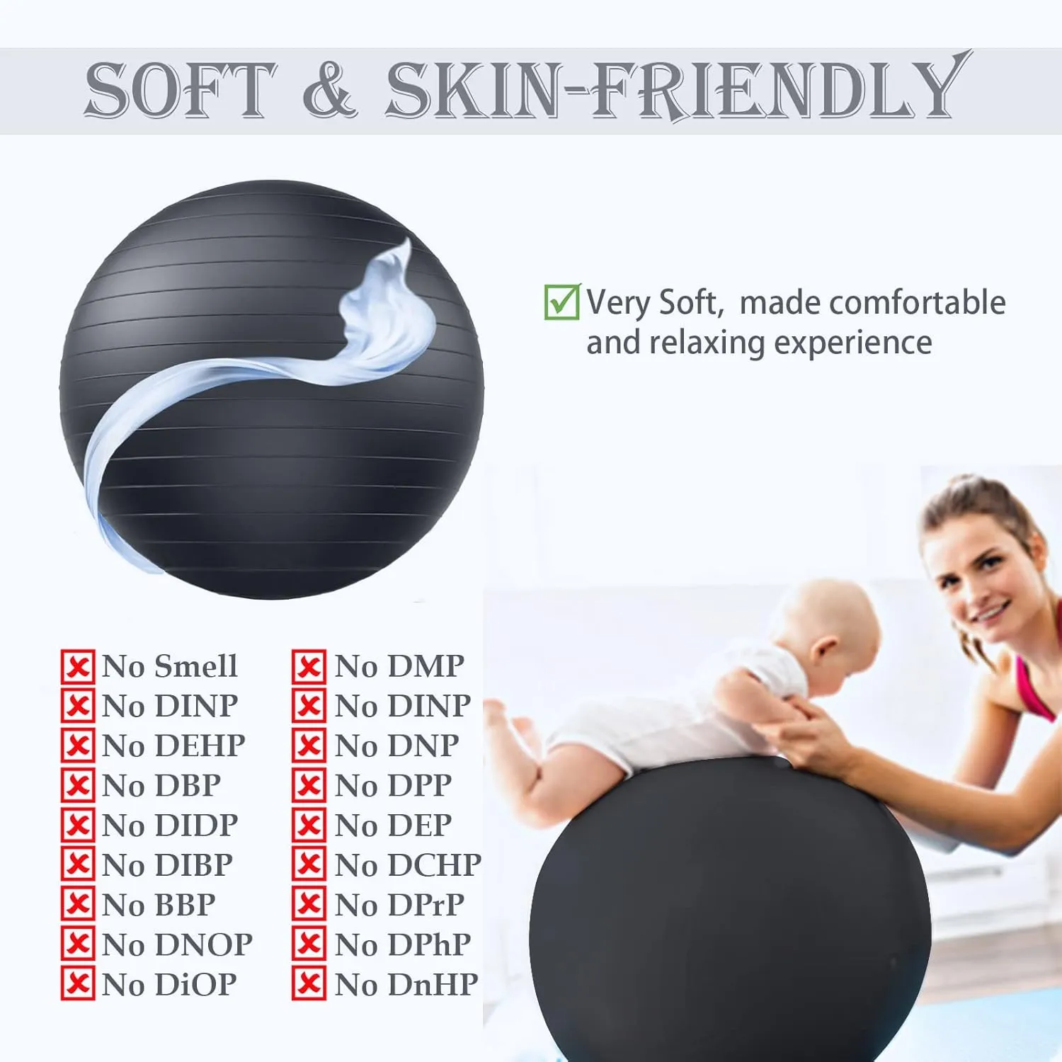 Soft Exercise ball, Anti-Burst Yoga Ball Chair Supports 2200lbs, Stability Swiss Ball w/ Pump for Pregnancy Birthing, Excersize, Workout, Fitness, Balance, Gym, Physio, Abs (Office & Home & School)