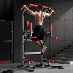 SogesHome Power Tower Pull Up Bar Station Adjustable Height Dip Stand with Boxing Speed Ball,Rotating Target,Multi-Function Strength Training Fitness Workout Station for Home Gym Fitness Equipment,Black