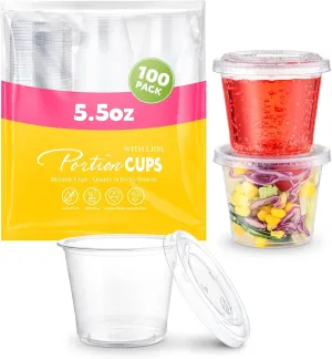 SOOMER [100 Sets - 5.5 oz Small Plastic Containers with Lids - Portion Cups for Fruits, Candy, Nuts - Disposable Food Containers for Lunch, Parties, and Trips - Airtight & Stackable, BPA-Free