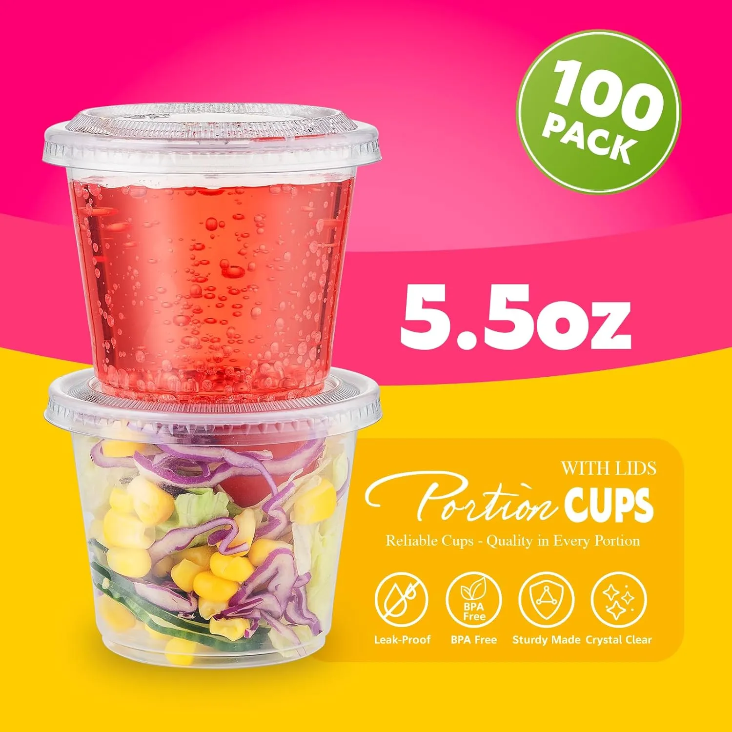 SOOMER [100 Sets - 5.5 oz Small Plastic Containers with Lids - Portion Cups for Fruits, Candy, Nuts - Disposable Food Containers for Lunch, Parties, and Trips - Airtight & Stackable, BPA-Free