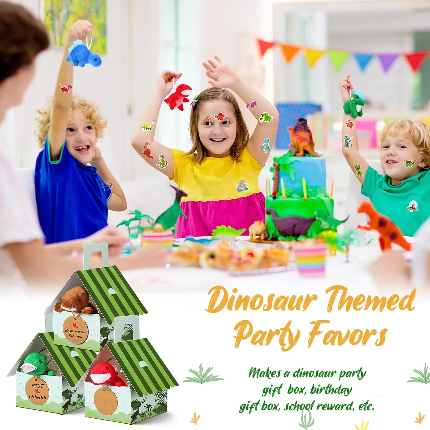 Spakon 100 Pcs Dinosaur Party Favors for Boys and Girls Includes 24 Sets Mini Dinosaur Stuffed Animals Plush Keychains Gift Box House Stickers Adopt a Dinosaur Party Favor for Dinosaur Birthday Favor