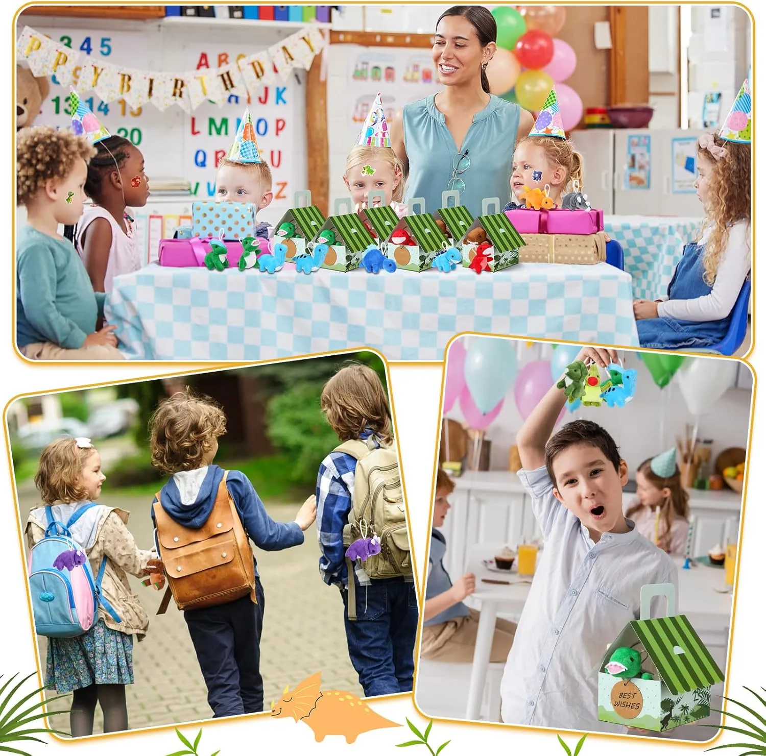 Spakon 100 Pcs Dinosaur Party Favors for Boys and Girls Includes 24 Sets Mini Dinosaur Stuffed Animals Plush Keychains Gift Box House Stickers Adopt a Dinosaur Party Favor for Dinosaur Birthday Favor