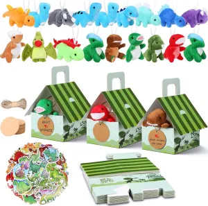Spakon 100 Pcs Dinosaur Party Favors for Boys and Girls Includes 24 Sets Mini Dinosaur Stuffed Animals Plush Keychains Gift Box House Stickers Adopt a Dinosaur Party Favor for Dinosaur Birthday Favor