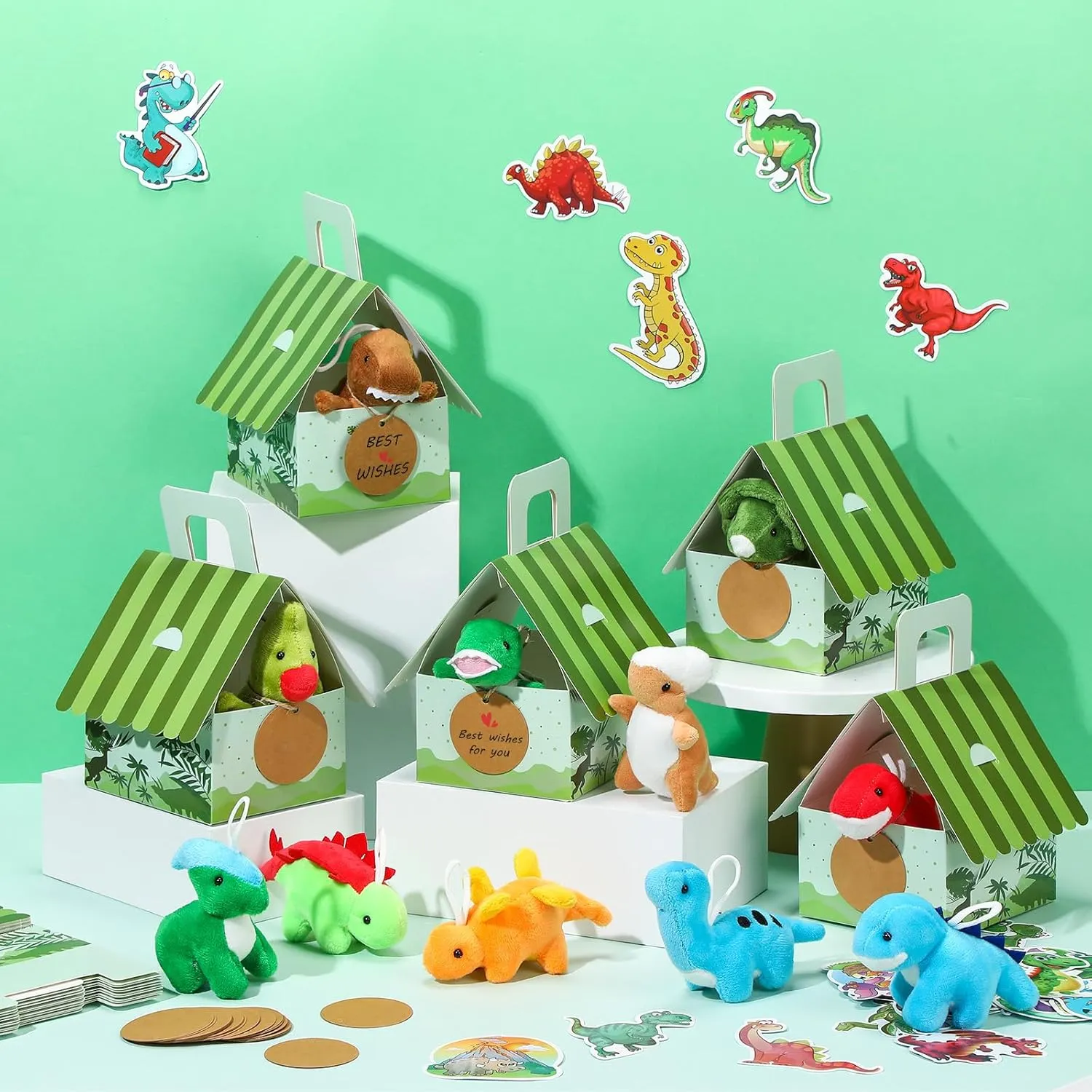 Spakon 100 Pcs Dinosaur Party Favors for Boys and Girls Includes 24 Sets Mini Dinosaur Stuffed Animals Plush Keychains Gift Box House Stickers Adopt a Dinosaur Party Favor for Dinosaur Birthday Favor