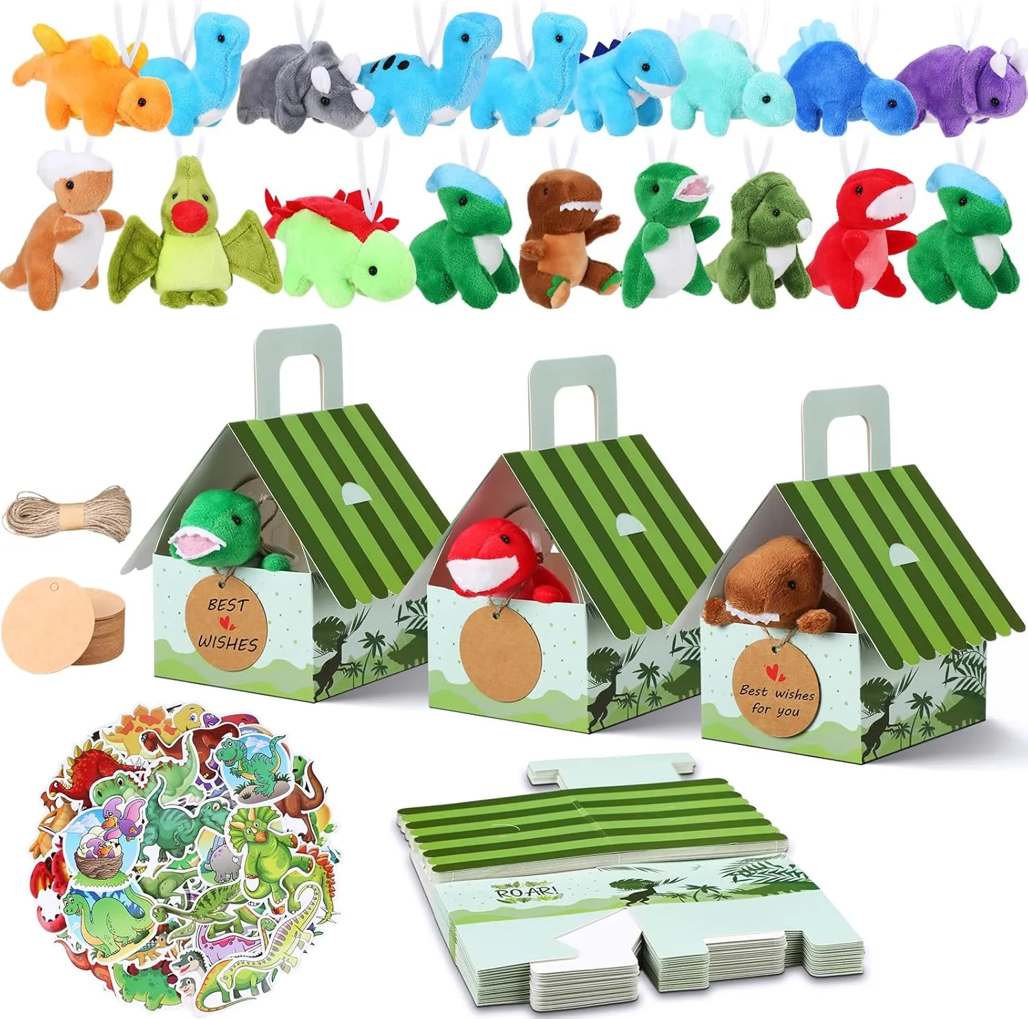 Spakon 100 Pcs Dinosaur Party Favors for Boys and Girls Includes 24 Sets Mini Dinosaur Stuffed Animals Plush Keychains Gift Box House Stickers Adopt a Dinosaur Party Favor for Dinosaur Birthday Favor