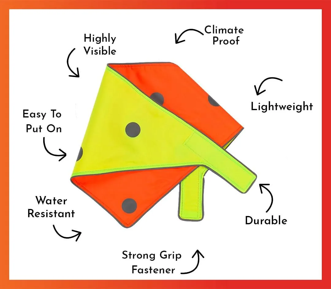 SPOT THE DOG! Reflective Bandana Bib Safety Apparel for All Dogs - Easy Fastening Closure, Reversible High Visibility Fluorescent Orange/Yellow XS-S