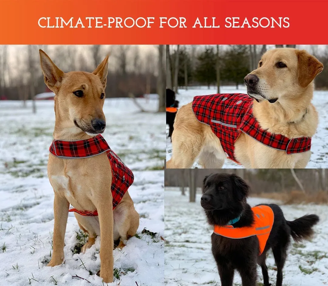 SPOT THE DOG! Reflective Dog Vest - Adjustable Dog Safety Vest, High Visibility Fluorescent Apparel for Dog Walking, Dog Hiking and Camping, Hunting Dog, On or Off Leash (Blaze Orange, Red Plaid, L)