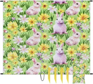 Spring Easter Cute Bunny Beach Blanket, Sandproof Beach Mat, Adults Waterproof Quick Drying Sand Free Mat with 4 x Ground Spikes for Outdoor Travel Camping Hiking, Easter