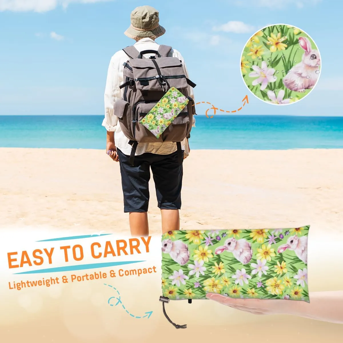 Spring Easter Cute Bunny Beach Blanket, Sandproof Beach Mat, Adults Waterproof Quick Drying Sand Free Mat with 4 x Ground Spikes for Outdoor Travel Camping Hiking, Easter