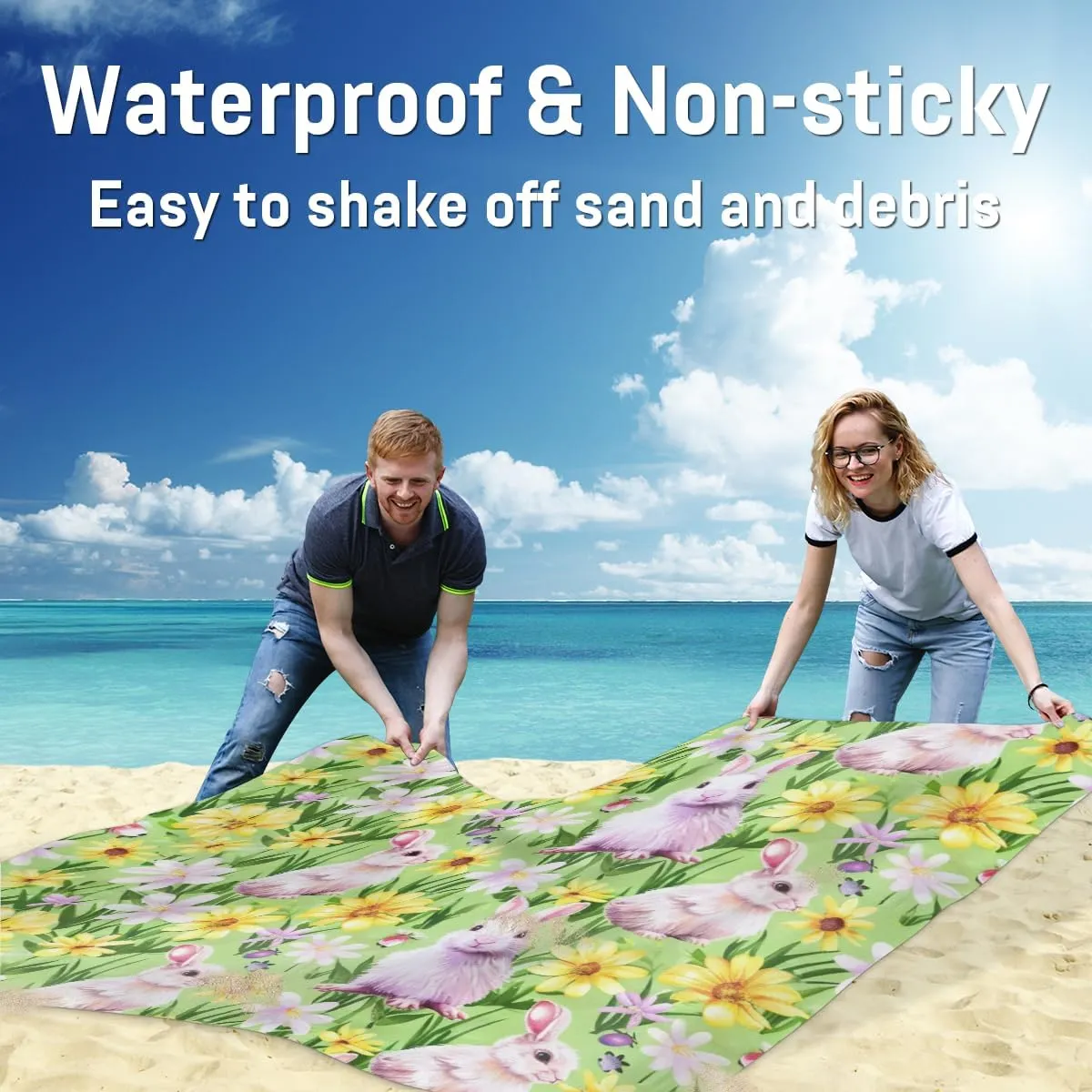 Spring Easter Cute Bunny Beach Blanket, Sandproof Beach Mat, Adults Waterproof Quick Drying Sand Free Mat with 4 x Ground Spikes for Outdoor Travel Camping Hiking, Easter