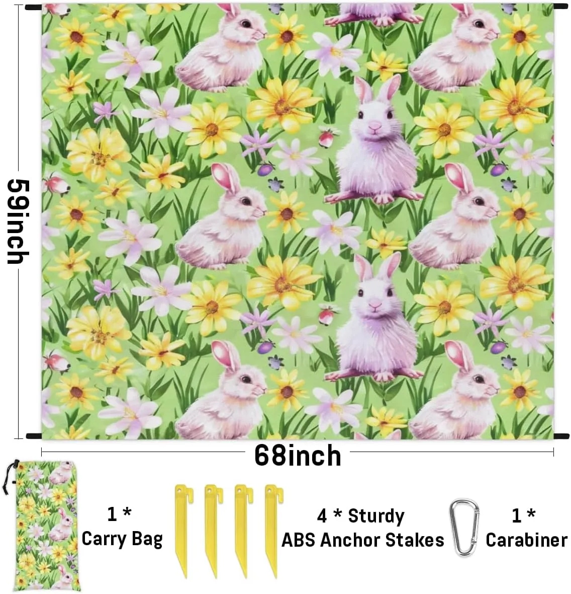 Spring Easter Cute Bunny Beach Blanket, Sandproof Beach Mat, Adults Waterproof Quick Drying Sand Free Mat with 4 x Ground Spikes for Outdoor Travel Camping Hiking, Easter