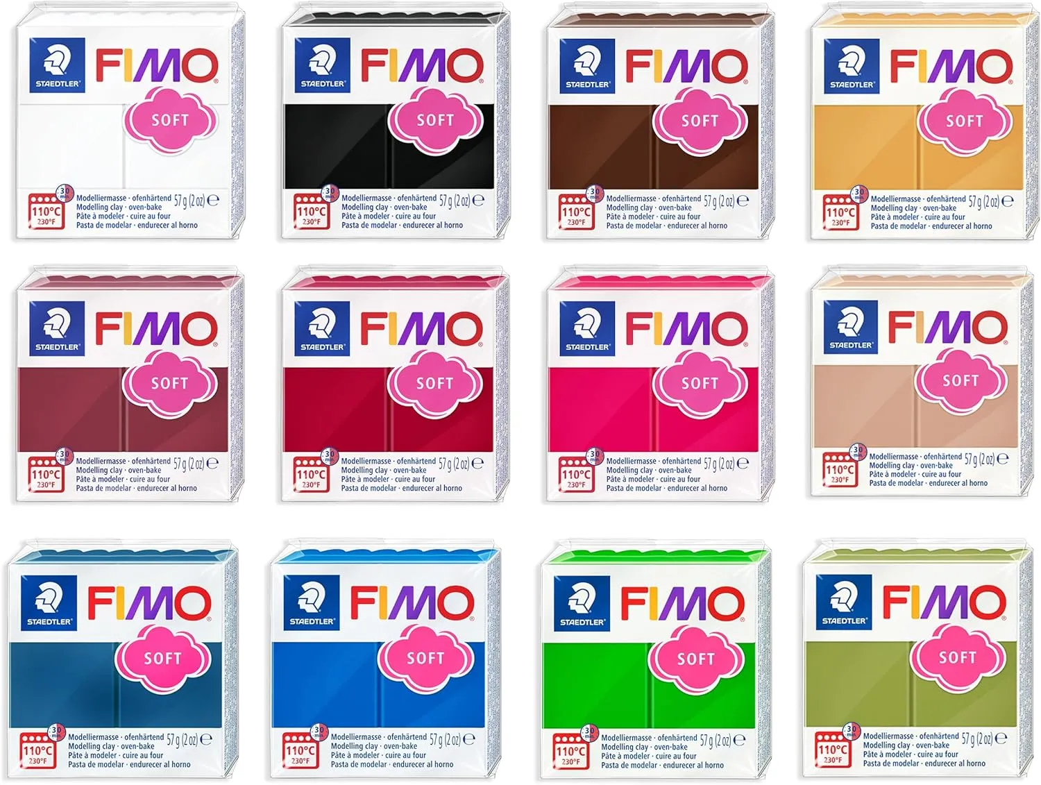 STAEDTLER FIMO Soft Polymer Oven Bake Modelling Clay - 12 x 57g - Essential Colours - Pack of 12