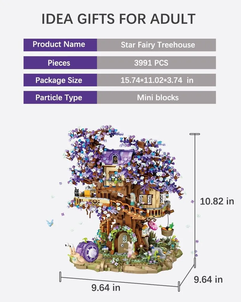 Star Fairy Treehouse Building Blocks Set, Japanese Sakura Tree House, Violet Cherry Tree Bonsai Creative Architecture, Home Decor or Idea Gifts for Adults and Kids, Mini Particles 3991 PCS (1065)