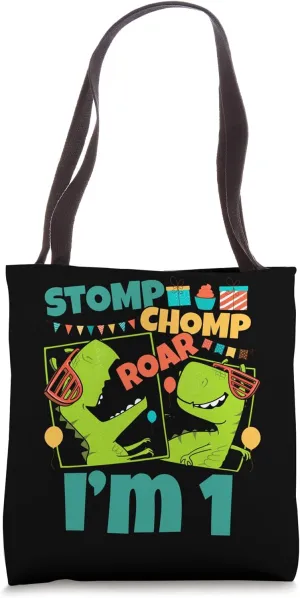 Stomp Chomp Roar I'm 1 Dinosaur Toy Decor 1st Birthday Tote Bag