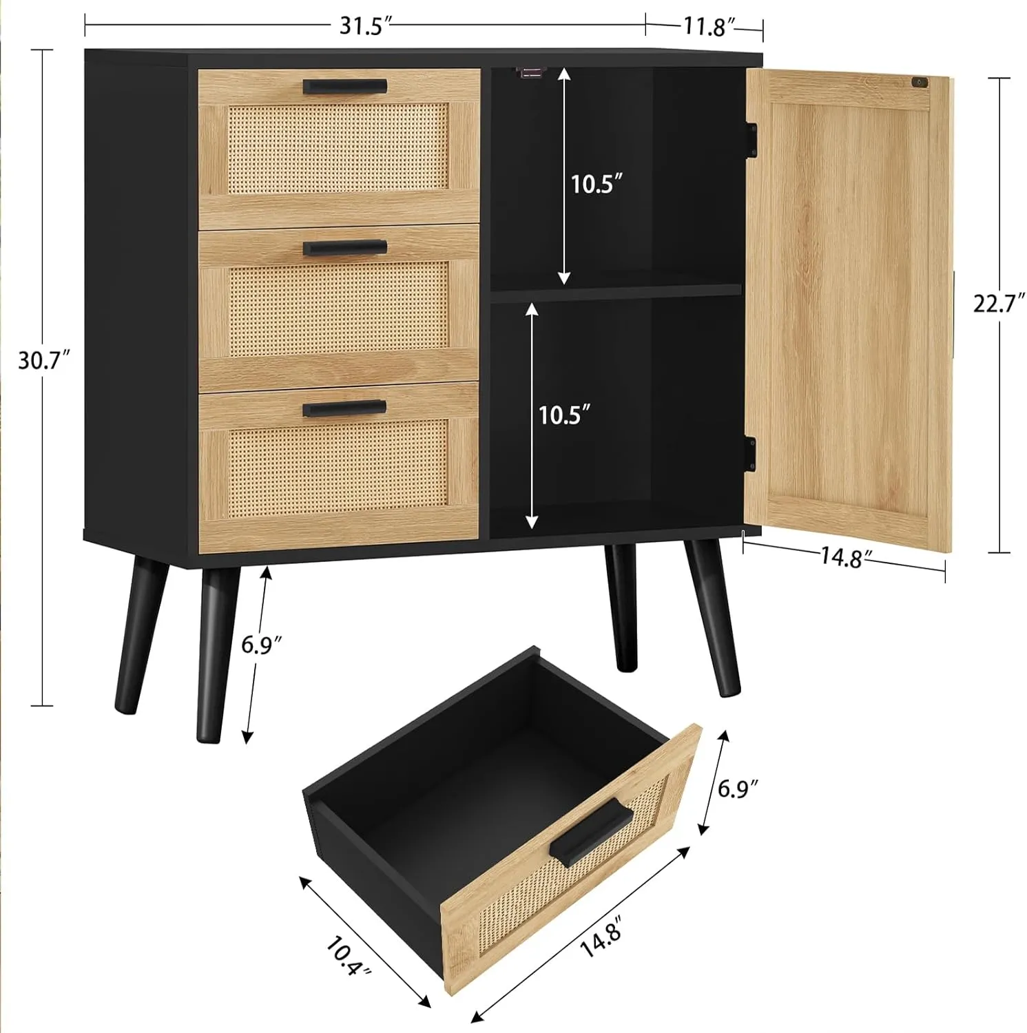 Storage Cabinet with Adjustable Shelf & 3 Drawers, Rattan Cabinet with Doors, Freestanding Floor Accent Storage Unit for Living Room, Home Office, Natural   Black