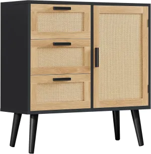 Storage Cabinet with Adjustable Shelf & 3 Drawers, Rattan Cabinet with Doors, Freestanding Floor Accent Storage Unit for Living Room, Home Office, Natural   Black