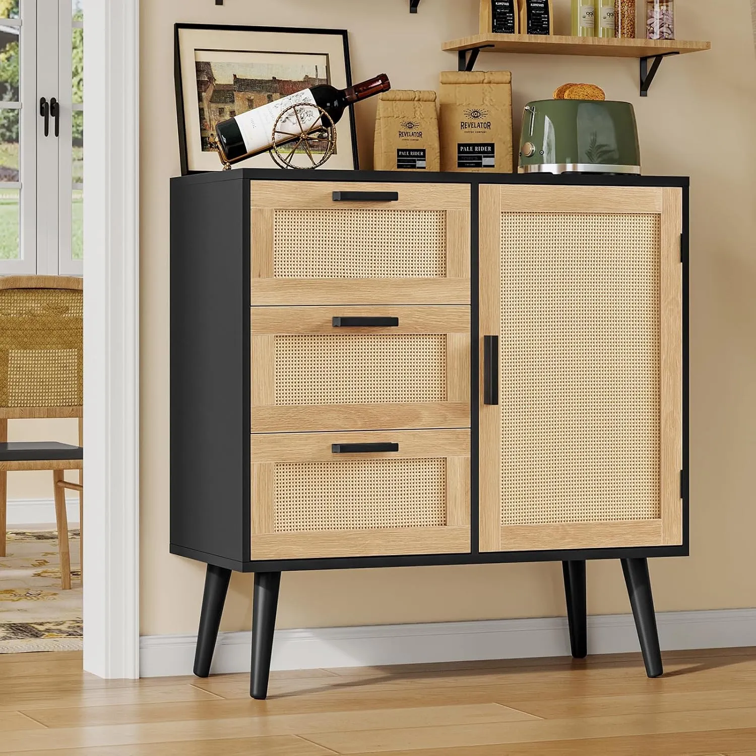 Storage Cabinet with Adjustable Shelf & 3 Drawers, Rattan Cabinet with Doors, Freestanding Floor Accent Storage Unit for Living Room, Home Office, Natural   Black