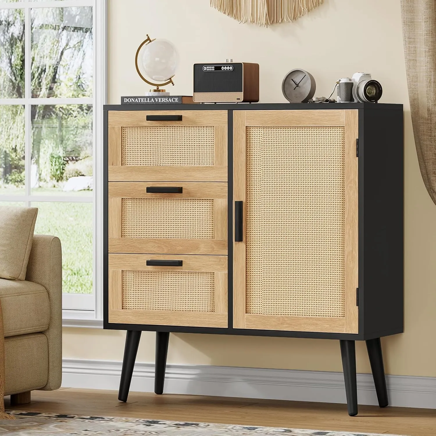 Storage Cabinet with Adjustable Shelf & 3 Drawers, Rattan Cabinet with Doors, Freestanding Floor Accent Storage Unit for Living Room, Home Office, Natural   Black