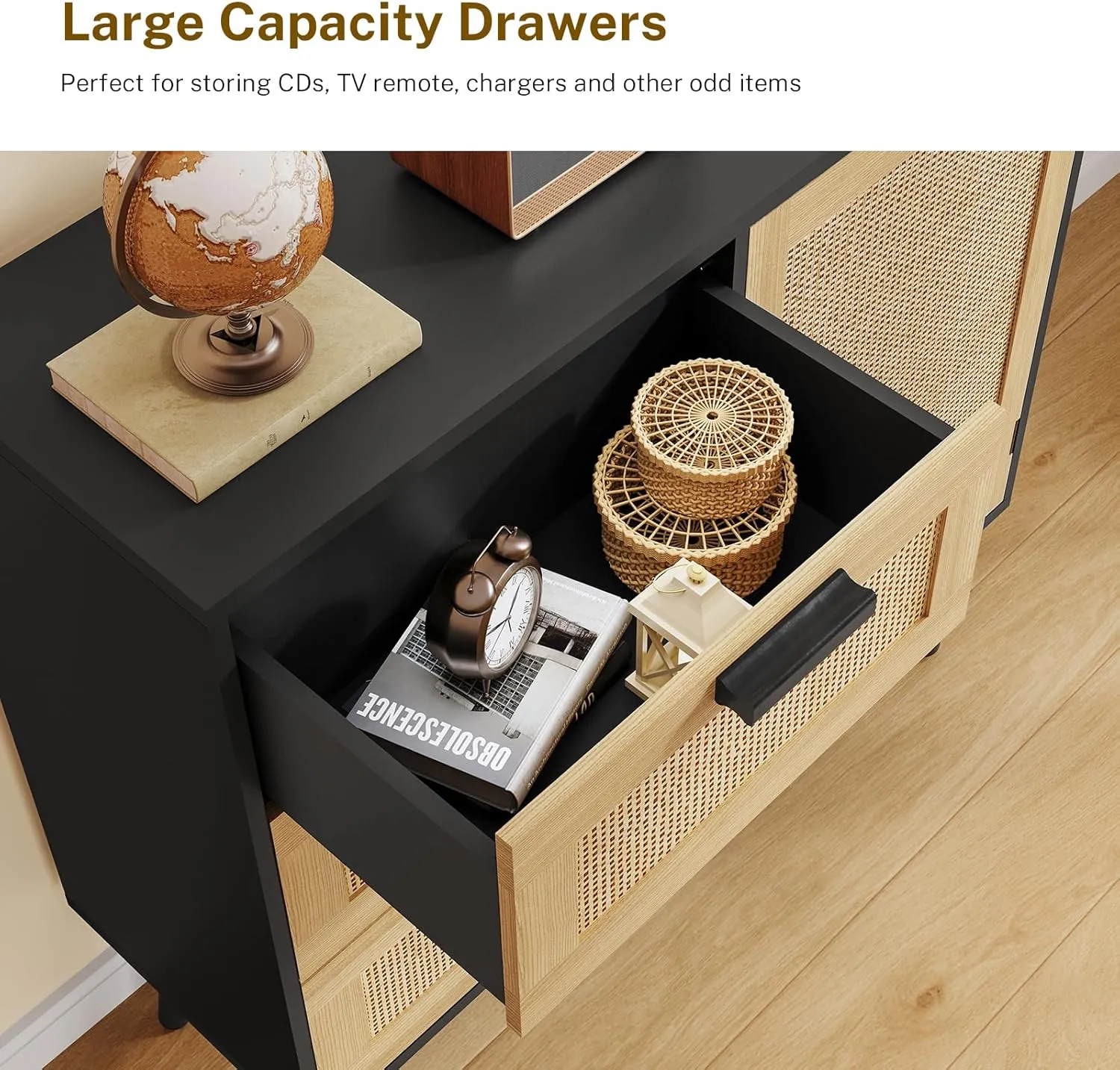 Storage Cabinet with Adjustable Shelf & 3 Drawers, Rattan Cabinet with Doors, Freestanding Floor Accent Storage Unit for Living Room, Home Office, Natural   Black