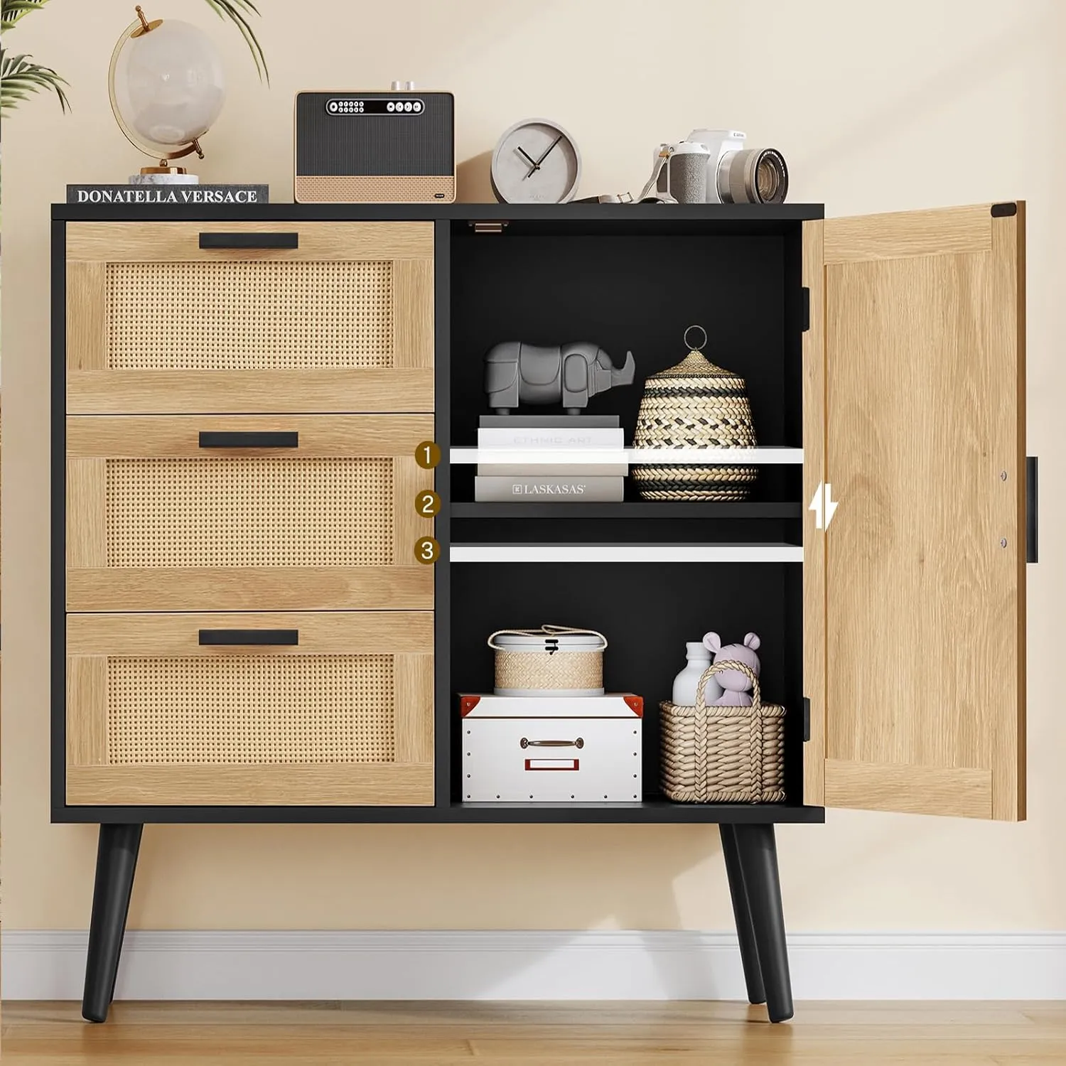 Storage Cabinet with Adjustable Shelf & 3 Drawers, Rattan Cabinet with Doors, Freestanding Floor Accent Storage Unit for Living Room, Home Office, Natural   Black