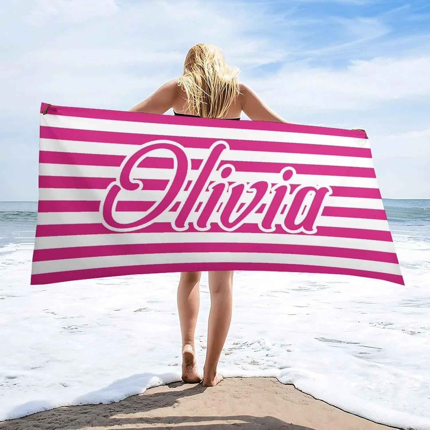 Striped Beach Towel for Adults His and Hers Gift Customized Neon and White Monogrammed Pool Towels Designer Sand Free Names Sand Beach Towel for Boy Summer Gifts