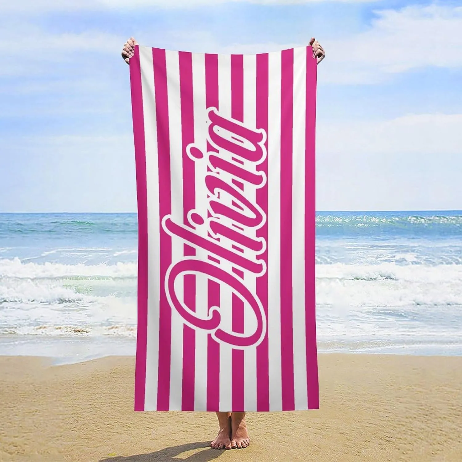 Striped Beach Towel for Adults His and Hers Gift Customized Neon and White Monogrammed Pool Towels Designer Sand Free Names Sand Beach Towel for Boy Summer Gifts