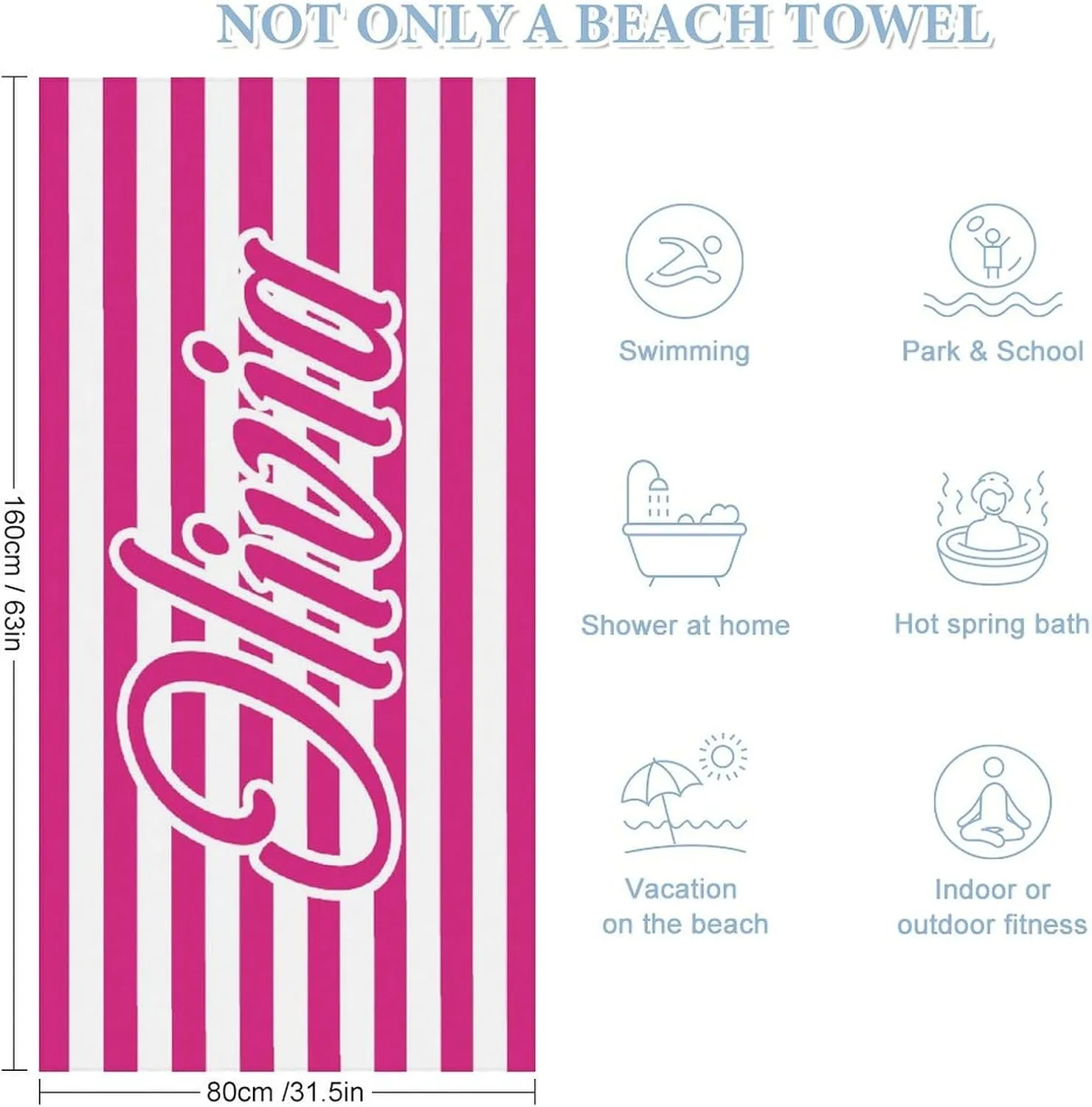 Striped Beach Towel for Adults His and Hers Gift Customized Neon and White Monogrammed Pool Towels Designer Sand Free Names Sand Beach Towel for Boy Summer Gifts