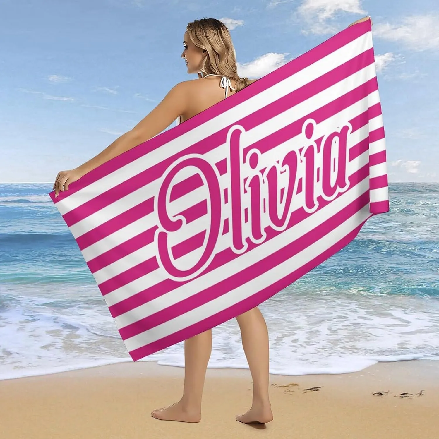 Striped Beach Towel for Adults His and Hers Gift Customized Neon and White Monogrammed Pool Towels Designer Sand Free Names Sand Beach Towel for Boy Summer Gifts