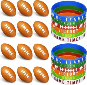 Sumind 48 Pcs Football Party Favors Include Mini Football Stress Balls and Sports Silicone Charm Bracelets Rugby Silicone Wristbands for Sports Themed Birthday Party Reward
