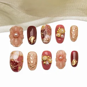 Sun&Beam Nails Handmade Press-on Short Oval Red Pink Gold 3D Flower Japanese Design Fashion False Nail Tips 10 Pcs Set (#210 M)