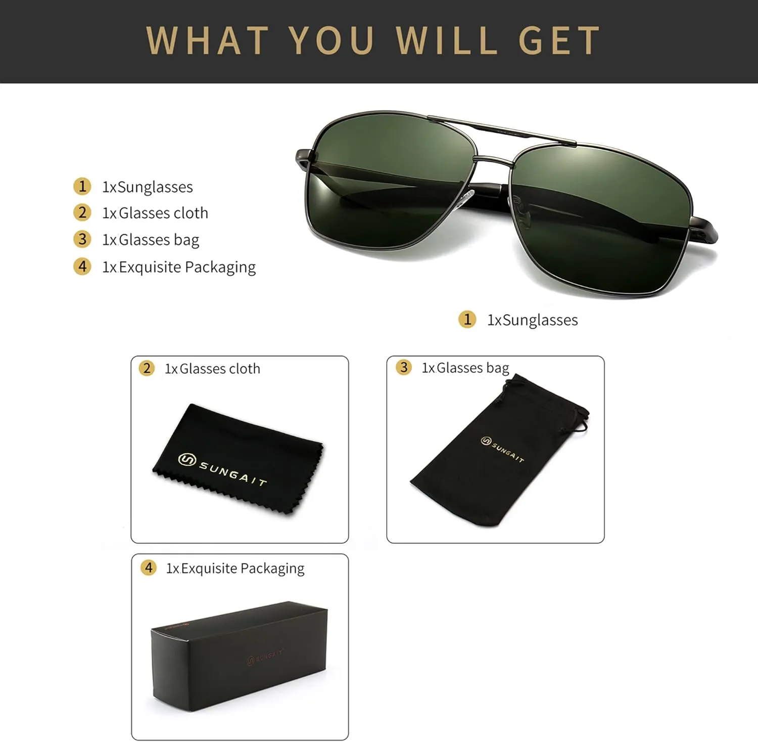 SUNGAIT Men's Polarized Square Aviator Sunglasses Durable Metal Frame for Fishing Driving Golf 100% UV Protection