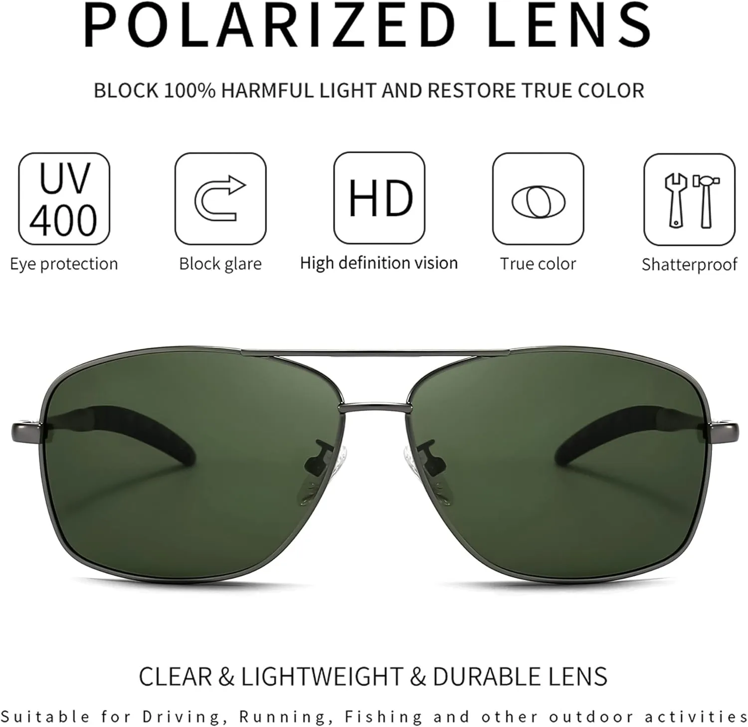 SUNGAIT Men's Polarized Square Aviator Sunglasses Durable Metal Frame for Fishing Driving Golf 100% UV Protection