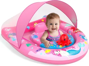 Sunrad Baby Pool Float with Canopy UPF50  Sun Protection, Inflatable Baby Swim Float with Toy Play Console & Adjustable Safety Seat, Toddler Infant Pool Floaties for 6-36 Months