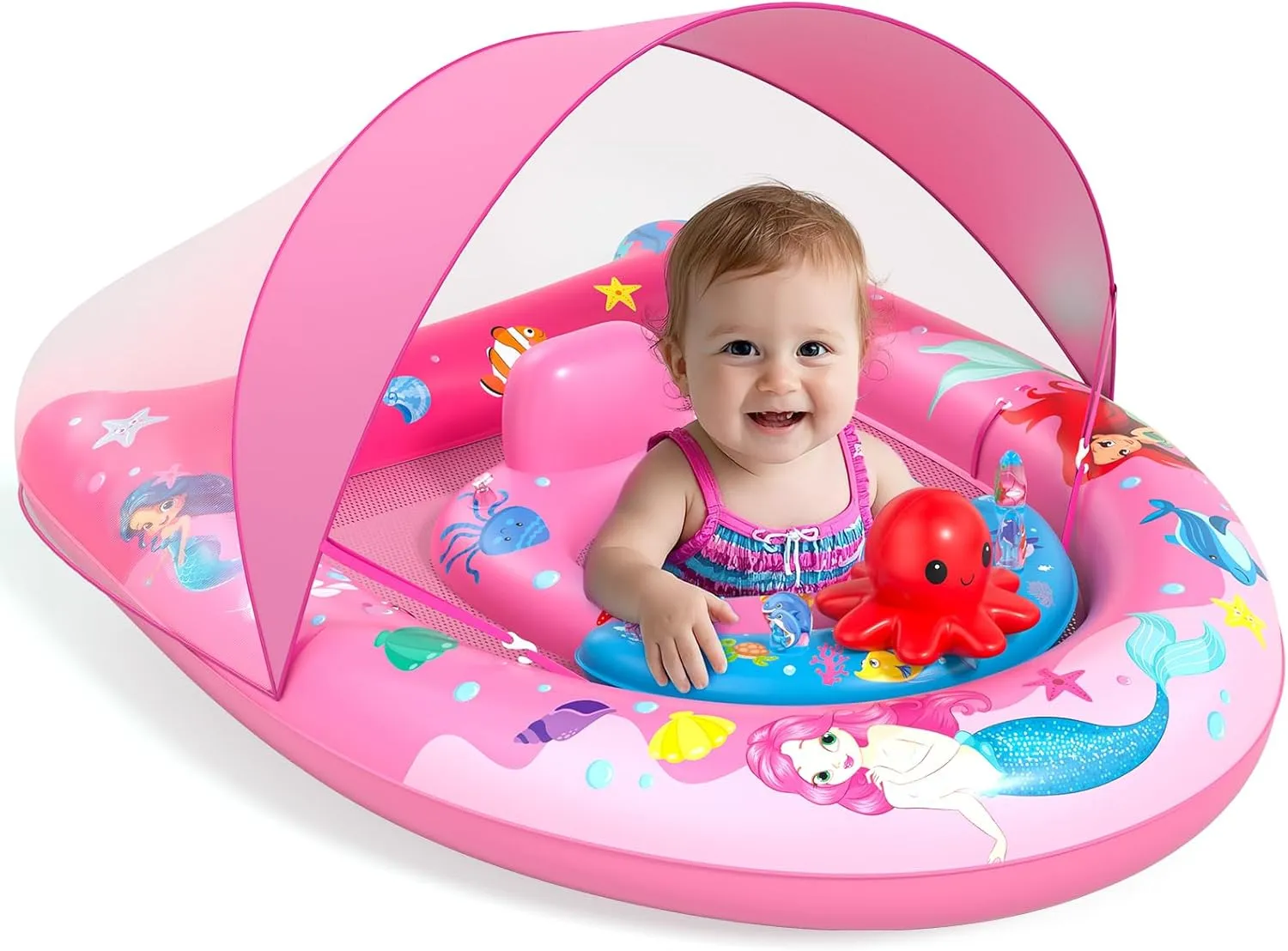 Sunrad Baby Pool Float with Canopy UPF50  Sun Protection, Inflatable Baby Swim Float with Toy Play Console & Adjustable Safety Seat, Toddler Infant Pool Floaties for 6-36 Months