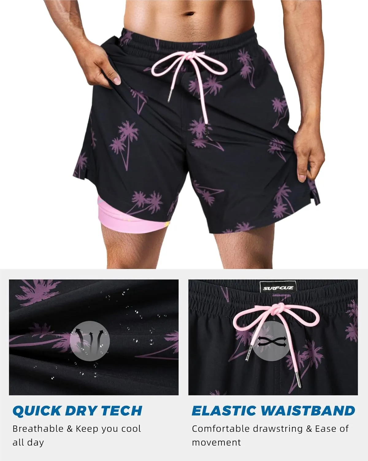SURF CUZ Mens Swim Trunks with Compression Liner Swim Shorts 7" Swimming Trunks Stretch 7 Inch Swim Suits Quick Dry