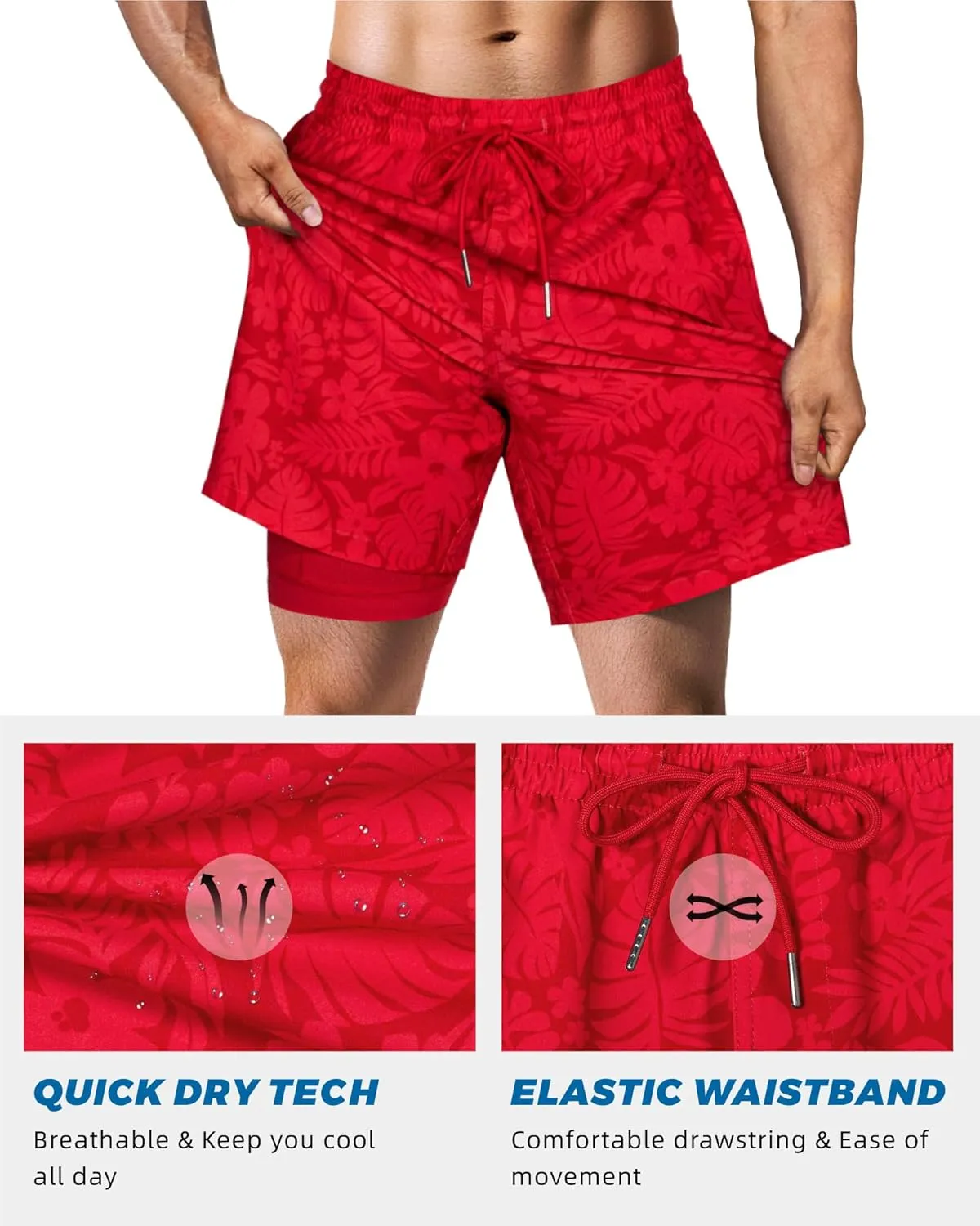 SURF CUZ Mens Swim Trunks with Compression Liner Swim Shorts 7" Swimming Trunks Stretch 7 Inch Swim Suits Quick Dry