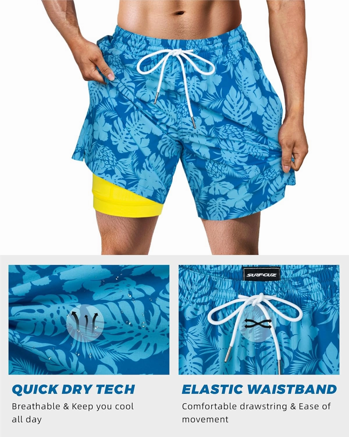 SURF CUZ Mens Swim Trunks with Compression Liner Swim Shorts 7" Swimming Trunks Stretch 7 Inch Swim Suits Quick Dry